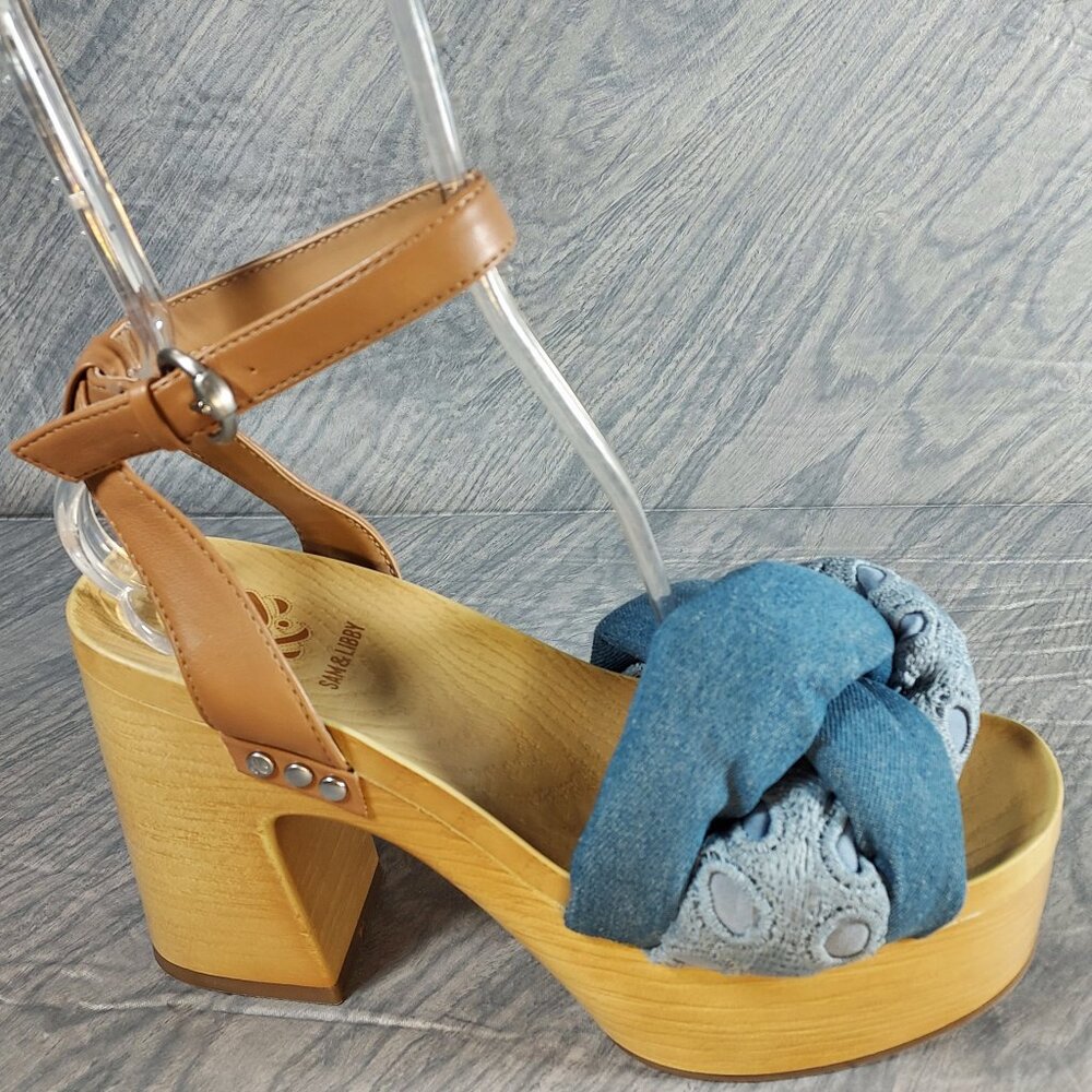 Sam & Libby Cassandra Womens Size 9 Blue Denim Sandal Chunky Platform Heel Shoe